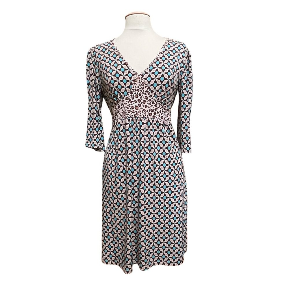 Babydoll Dress Floral Leopard Brown/Blue Stretch Flare 3/4 Sleeve Office Siren L
